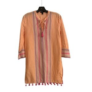 J. CREW Striped Long Sleeved Swimsuit Cover Up with Pink Tassels